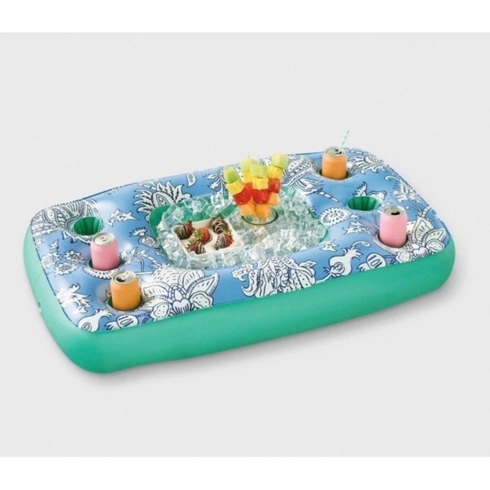 Roller Rabbit x Target Inflatable Pool Serve Tray Blue Floral 6 Drink Holders